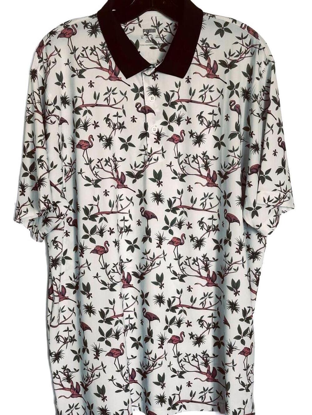 PUMA White Pink Flamingo/Leaf Print Polo Shirt - Size XL EUC
